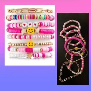 Preppy Heishi Bracelets Set Colorful White Gold Smile Heart Star Evil Eye Beaded